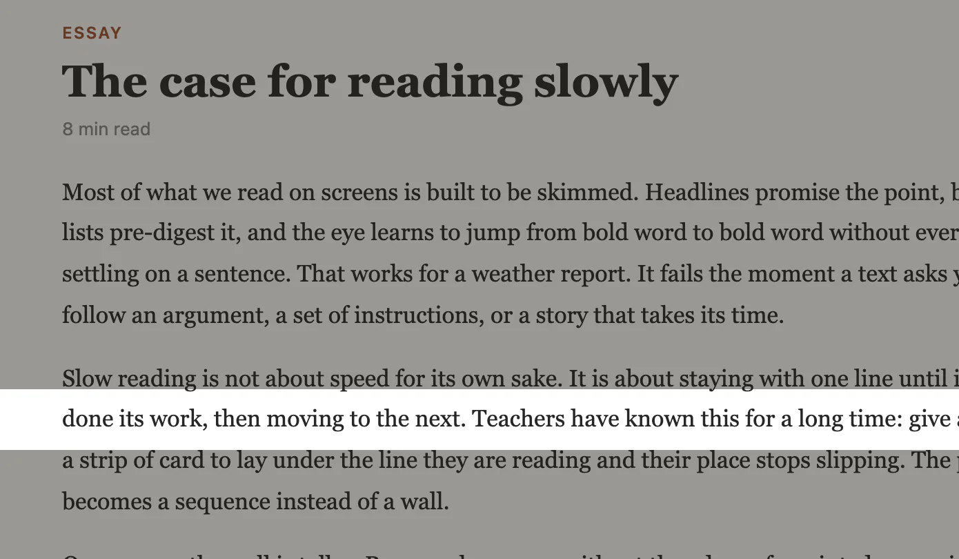 An essay page with Simple Reader Line on: one line is clear, the text above and below it is dimmed
